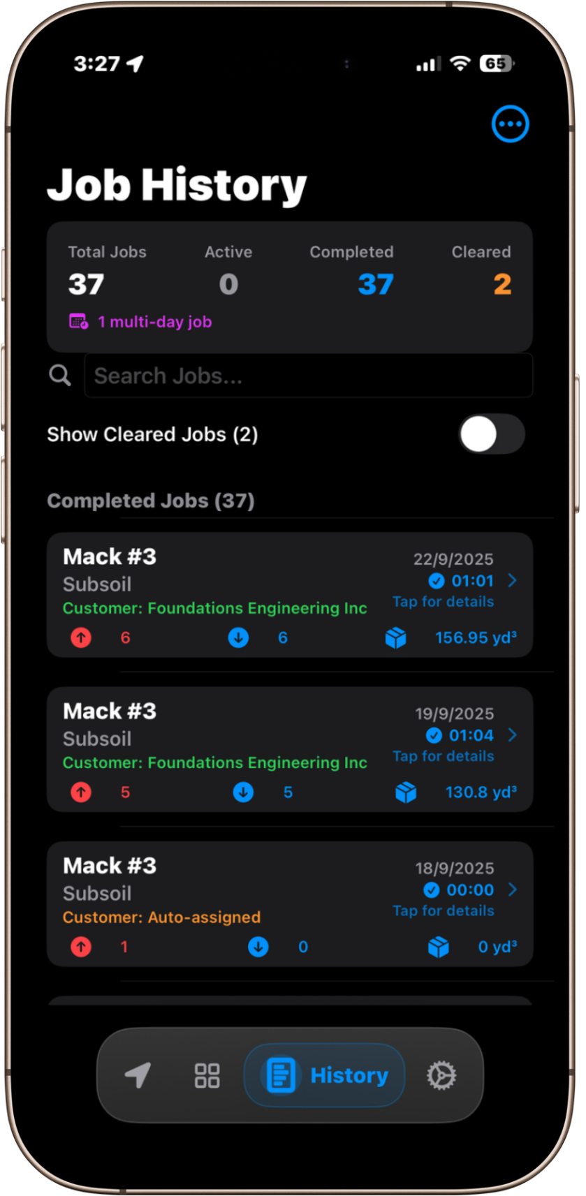Job history — dark mode